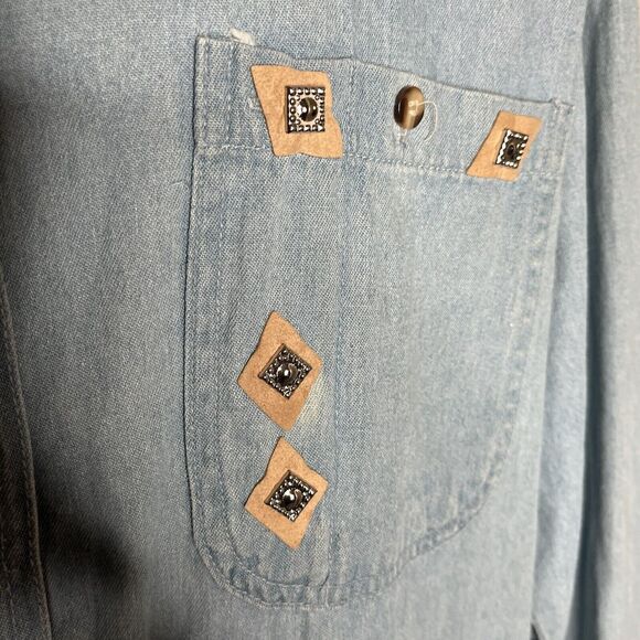 VTG Tillman Blue Denim Suede Fringed Horseshoe Western Shirt - Picture 7 of 14